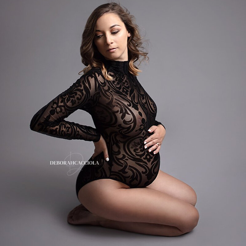 Embroidered Mesh Stretchy Bodysuits For Pregnancy Photoshoot Full Sleeve High Neck Maternity Bodysuits