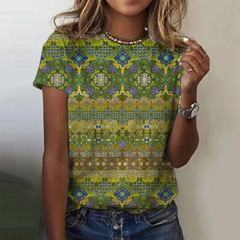 Женская Винтажная футболка, летняя Свободная Повседневная футболка с коротким рукавом и круглым вырезом, удобная одежда, модный топ с рисунком, женская футболка