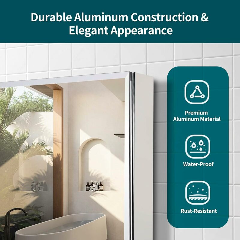 Movo Double Doors Medicine Cabinet with Mirror, 36 inch X 26 inch Aluminum Bathroom Medicine Cabinet, Adjustable Glass Shelves,