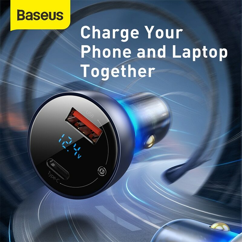 Cargador de coche Baseus 65W PPS con puerto dual USB tipo C PD QC carga rápida para el ordenador portátil translúcido cargador de teléfono de coche para iPhone