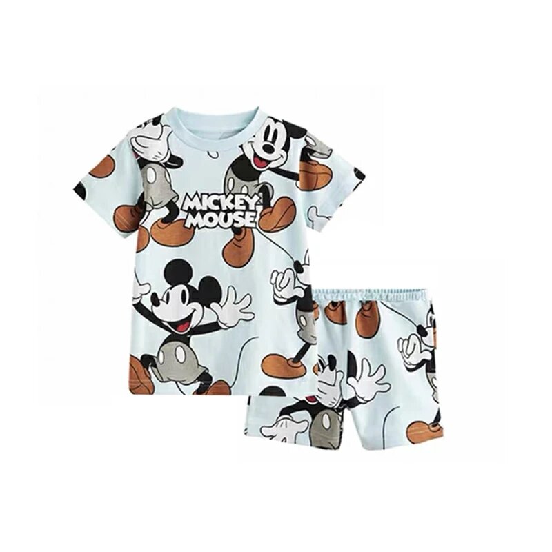 Camiseta de manga corta con estampado de Mickey y pantalones cortos, chándal informal, conjunto de 2 piezas con estampado de dibujos animados, ropa bonita para niños pequeños, novedad de verano