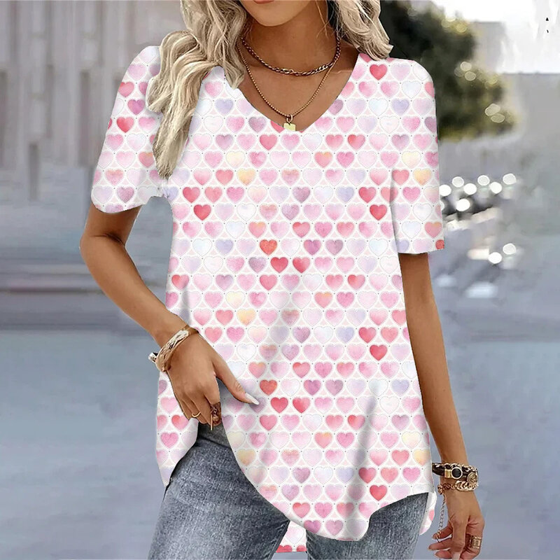 T-shirt col en V femme, streetwear, vintage, imprimé rose, motif floral, été 2024