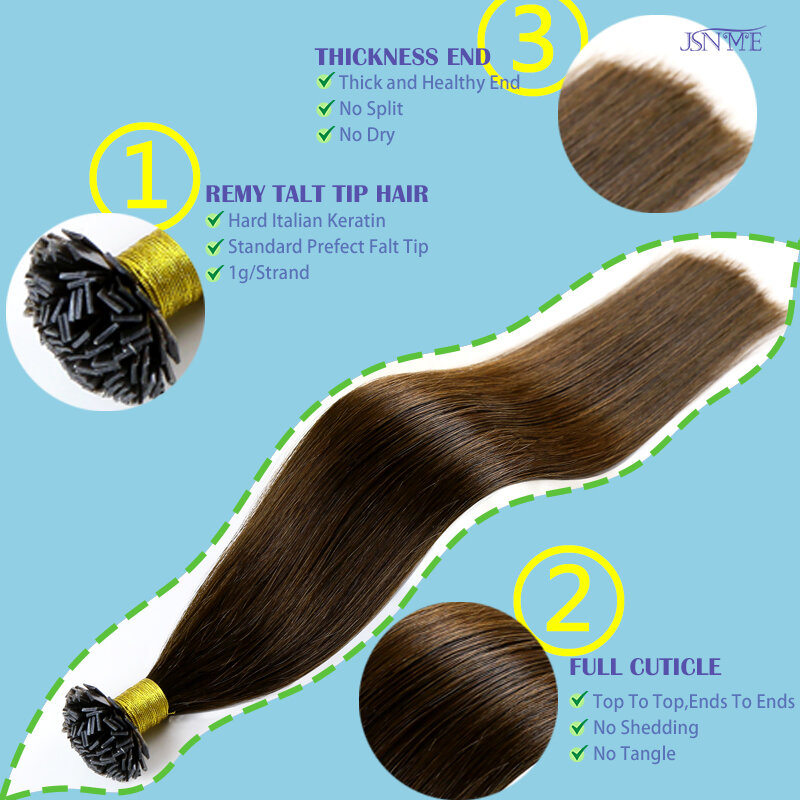 JSNME-extensiones de cabello humano de punta plana, cabello Natural, fusión caliente, extensiones de queratina unidas, 1g/hebra, 14-24''