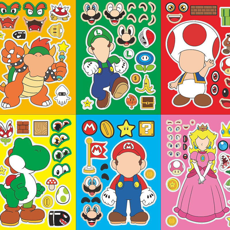 6/12 Blatt Super Mario Bros machen ein Gesicht Puzzle Aufkleber Kinder machen Ihr eigenes DIY Spiel Kinder Cartoon Puzzle Bildung Spielzeug Geschenk