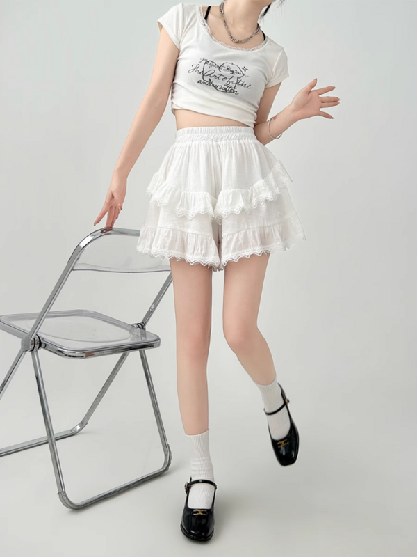 White Mini Skirt Women Summer High Waist Patchwork Lace Irregular Korean Sweet A-line Skirt Cute Girl Preppy Style