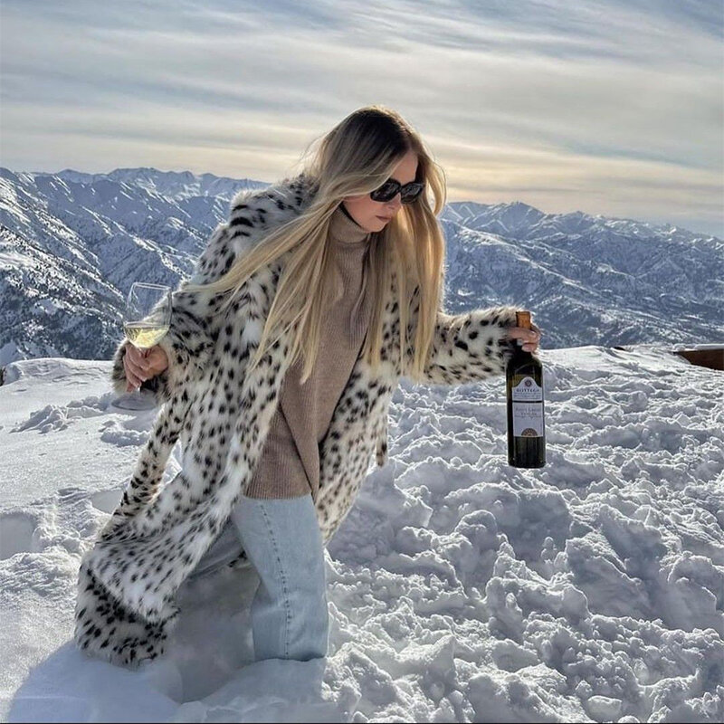 Elegante Street Fashion Fluffy Faux Fur Coat Women 2023 Winter Female Exclusive Long Belted Leopard Fox Fur Overcoats giacche
