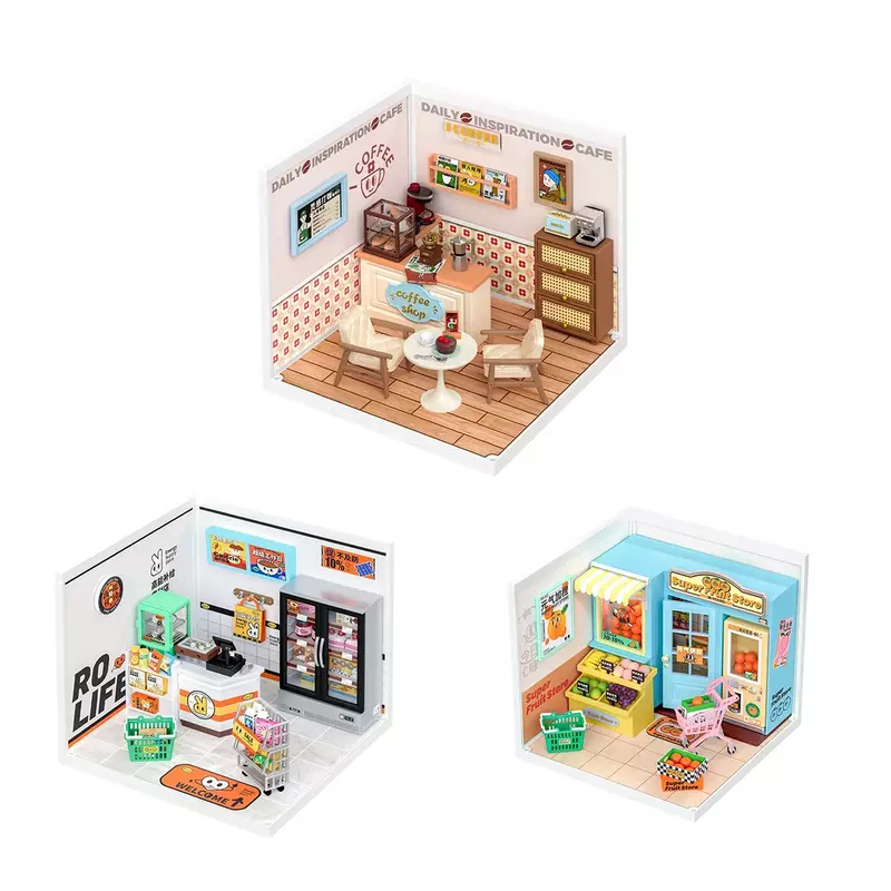 Robotime-Kit de casa de muñecas en miniatura para niños, Kit de tienda de suministro de modelo de accesorios, con LED para construir, regalo de cumpleaños decente