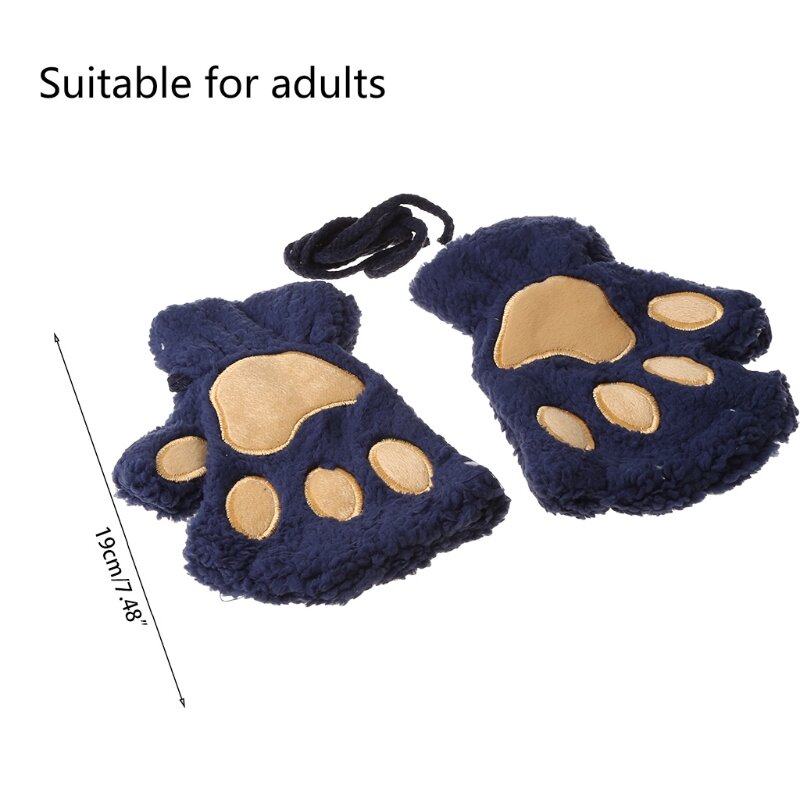 1Pair Women Girls Lovely Winter Warm Fingerless Gloves Bear for Cat Paw Claw Plush Half Finger Mitten with String T8NB