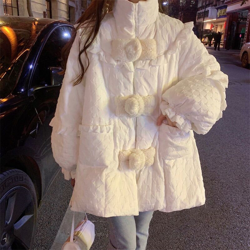 2023 New Winter Design Feeling Small Group Down Cotton Coat Women's Winter Cotton Coat Coat Thickened Loose White Cotton Coat