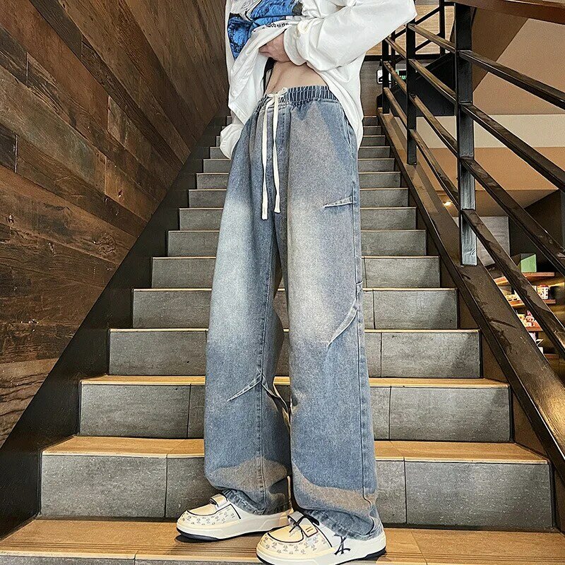 Jeans masculinos retos vintage com acabamento lavado, com ajuste solto clássico, calça casual, roupas de streetwear, verão, 2024