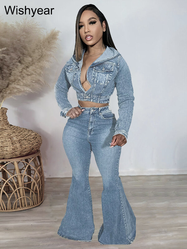 Sexy Button Turn-down Collar Crop Top and Flare Pants Denim Two Piece Set Women Outfits Streetwear Vintage Club Matching Suit