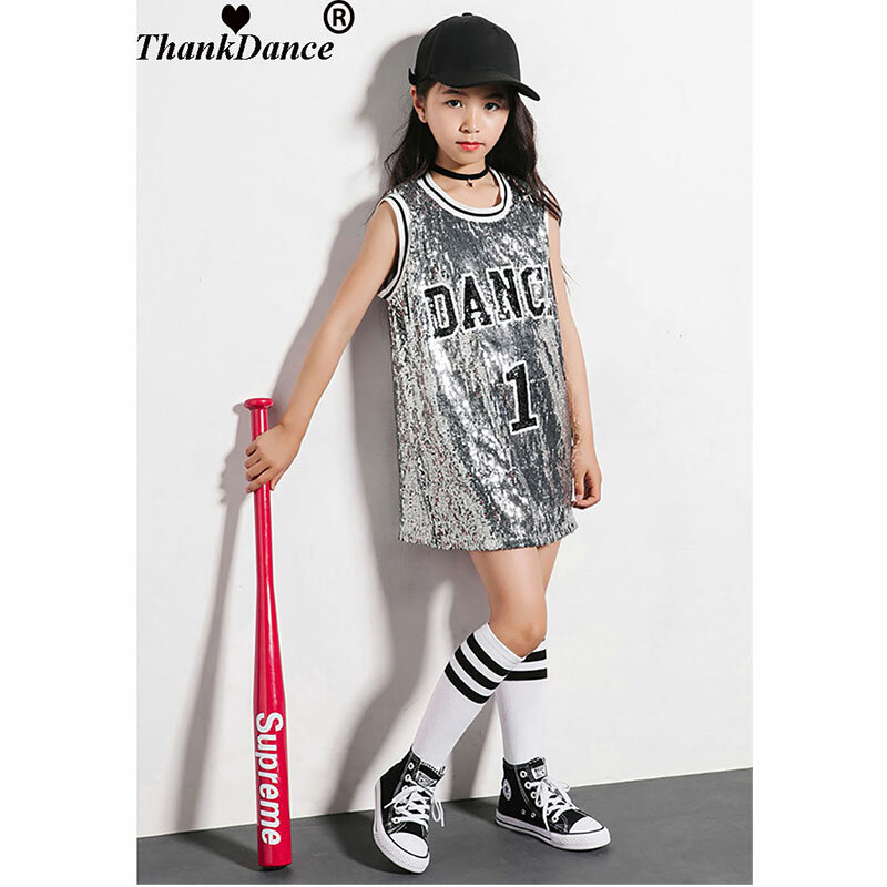 Fato de dança lantejoulas com glitter para meninas, camisola regata com meias, roupas de palco, hip hop, 5 a 12 anos
