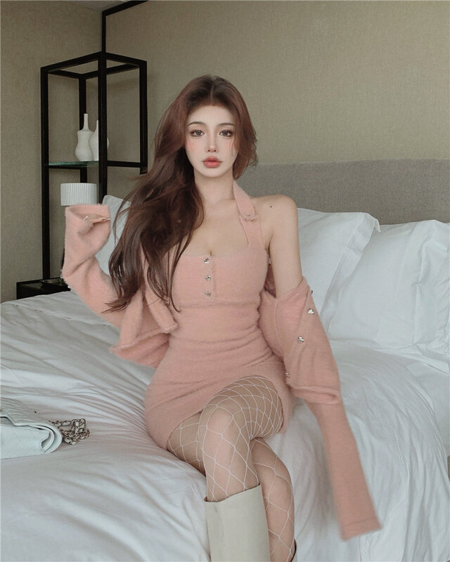 Mini vestido con abrigo de piel sintética para mujer, conjunto de dos piezas, moda coreana, Sexy, Otoño e Invierno