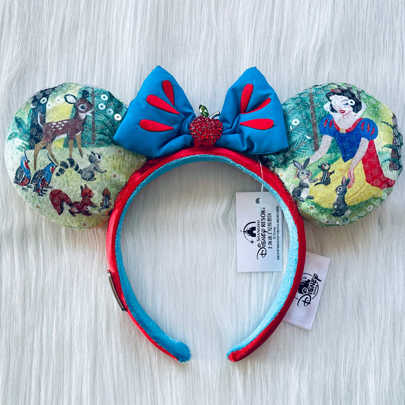 Bando telinga Mickey Mouse ulang tahun 100th, Aksesori hadiah ulang tahun, ikat rambut payet Putih Salju Minnie, Headband telinga Mickey Mouse bahan perak, baru