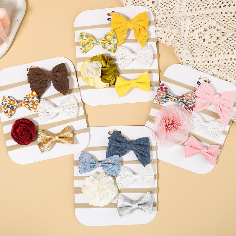 Bandeau de sauna en coton et lin avec nœud imprimé léopard pour bébé fille, turban en dentelle pour nouveau-né, accessoires pour cheveux, 4 pièces/ensemble