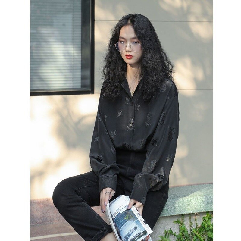 Qweek-camisa de manga longa cetim vintage para mulher, blusas coreanas, estilo dinheiro antigo, chique casual solto, estética jovem, verão