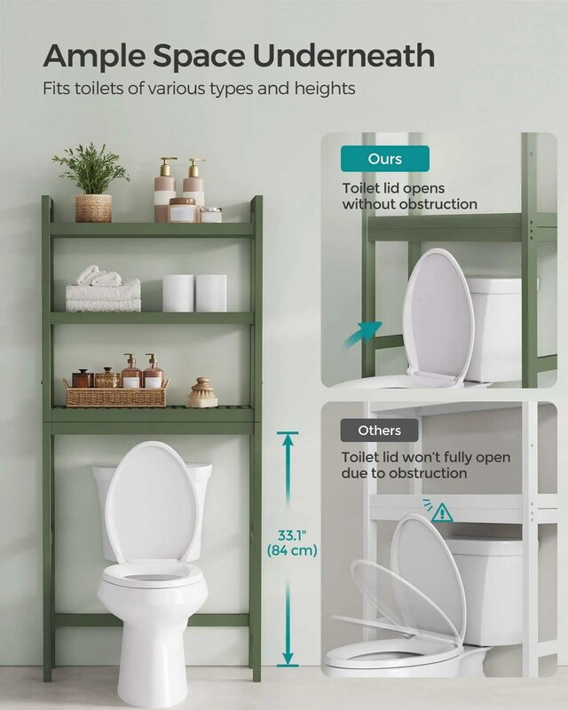 변기 보관 위, 조절 가능한 선반이 있는 3 단 대나무 변기 욕실 정리함, 대부분의 화장실에 적합, 숲 녹색