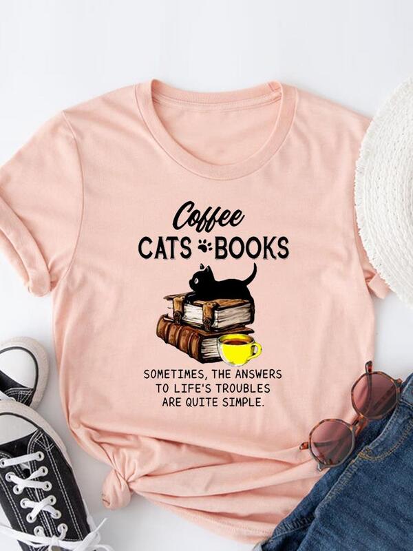 그림 의류 여성 90 년대 귀여운 글자 고양이 애완 동물 티셔츠, 반팔 여성 캐주얼 패션 여성 그래픽 티셔츠