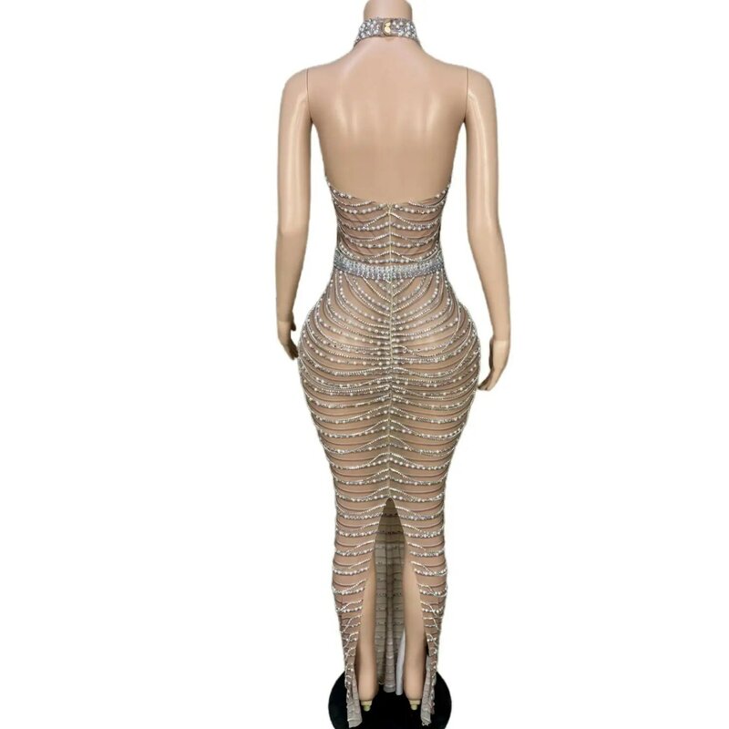 女の子のための背中の開いたプロムドレス、きらめくシルバーのガウン、透明、重い結晶、長い、黒、高級ファッション、powuxian、2024