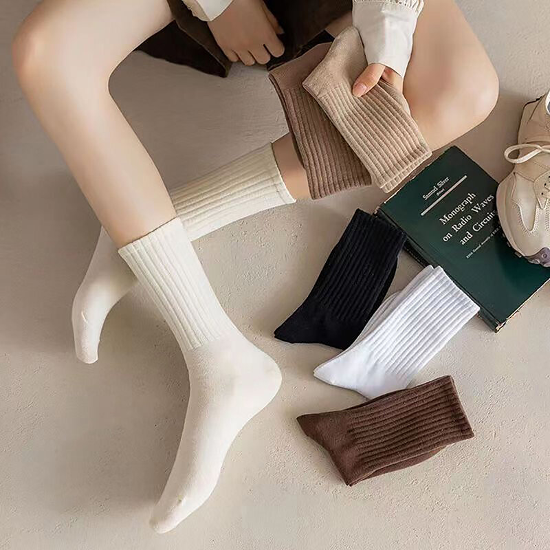Solid Color Women Socks Fashion Khaki Brown White Kawaii Cotton Socks For Girls Korea