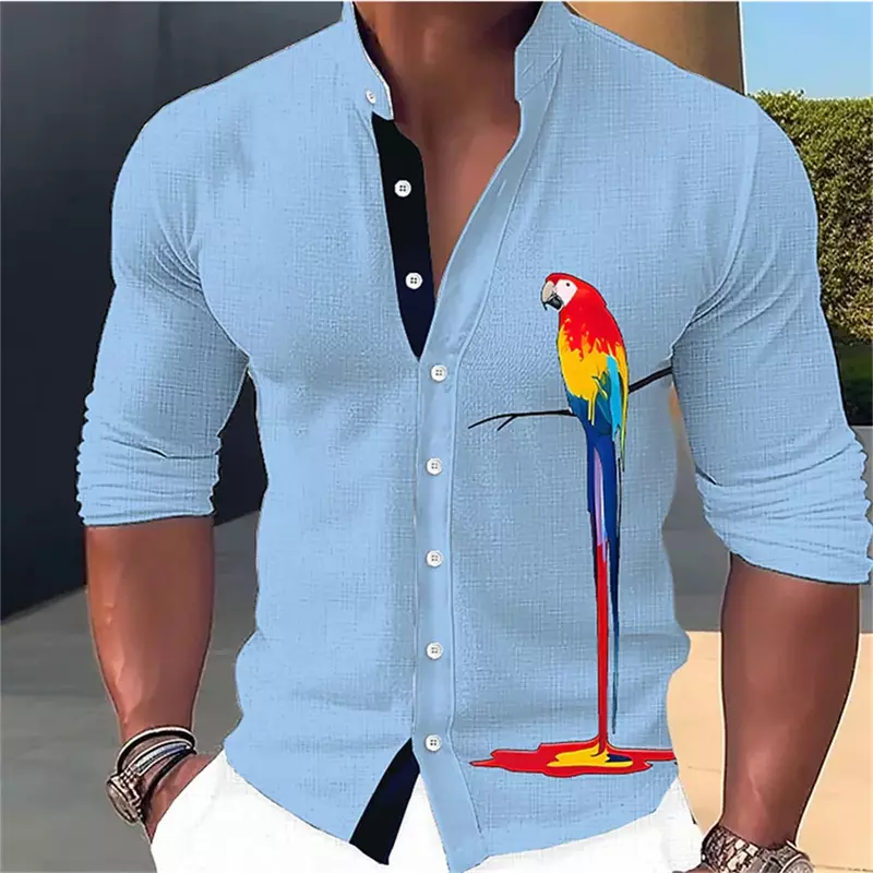 Camisa de manga comprida com estampa papagaio para homens, design simples, parte superior macia e confortável em tecido, alta definição, nova moda, 6XL, 2023