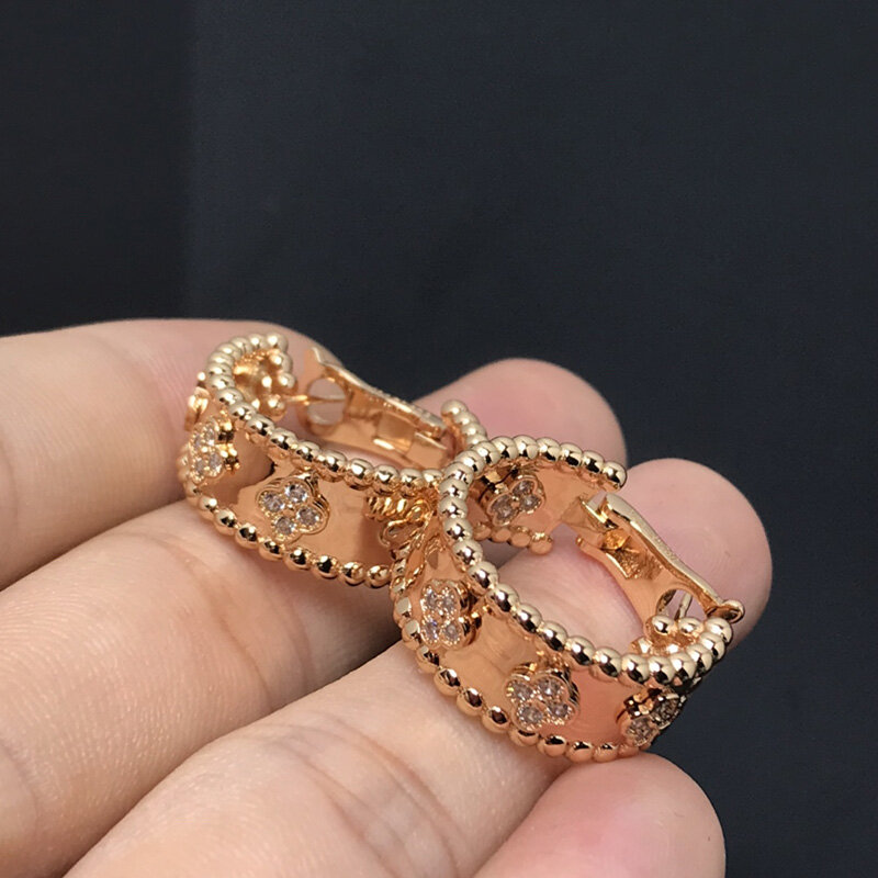 Modische Ring diamanten mit Glücks gras ohrringen für Frauen Roségold Charme Luxus schmuck Party Marken zubehör