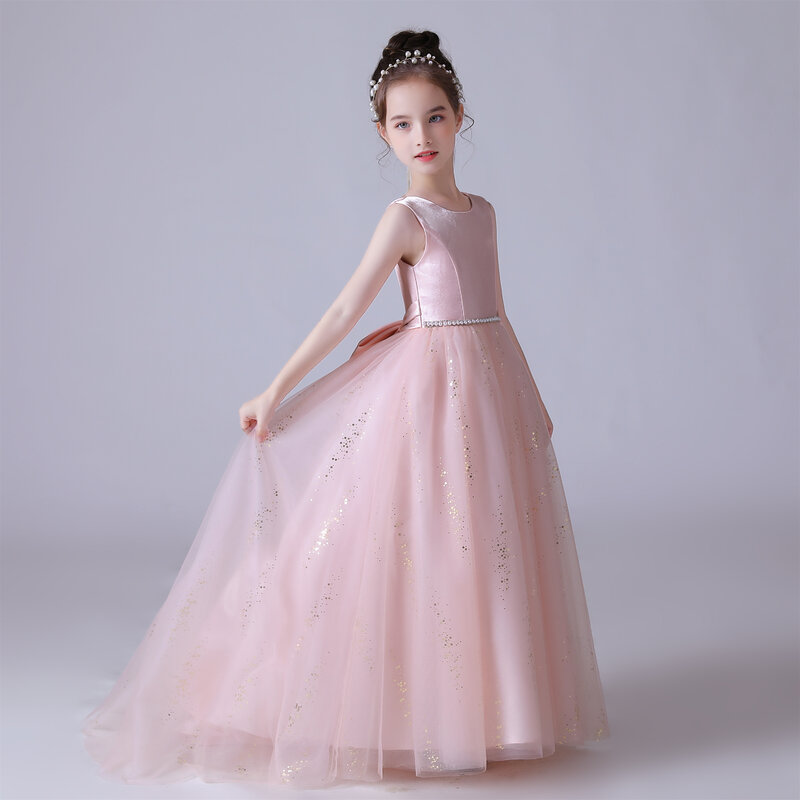 Dideyttawl Pink Dress For Girl O-Neck Shiny Tulle Bow Flower Girl Dresses Sleeveless Kids Birthday Formal Princess Gowns