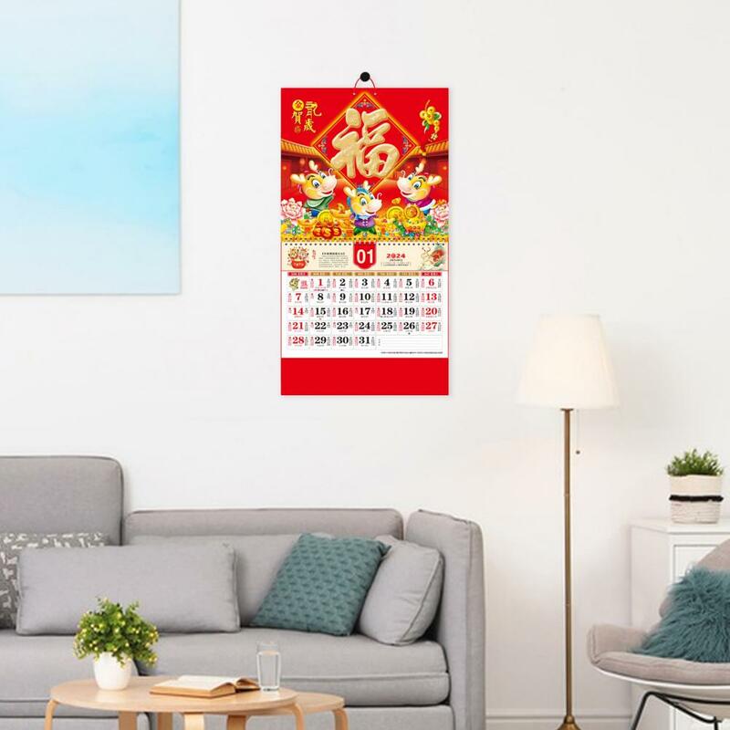 Calendario de pared de Año Nuevo Chino 2024, adorno de palabra de bendición, doble bobina, giro de página, decoración del hogar Lunar, 2024
