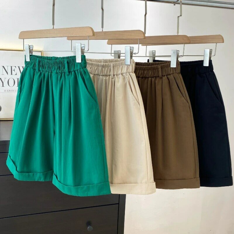 Pantalones cortos de algodón para mujer, Shorts de cintura alta, color verde, informales, holgados, cómodos y versátiles, color negro
