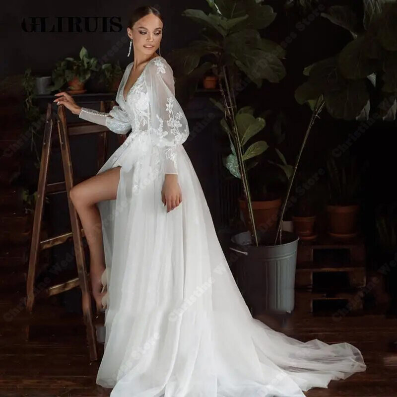 Elegant V-Neck Forking Women Wedding Dresses Lace Decals A-Line Bridal Gowns Sexy Mopping Length Princess Vestidos De Novia 2024