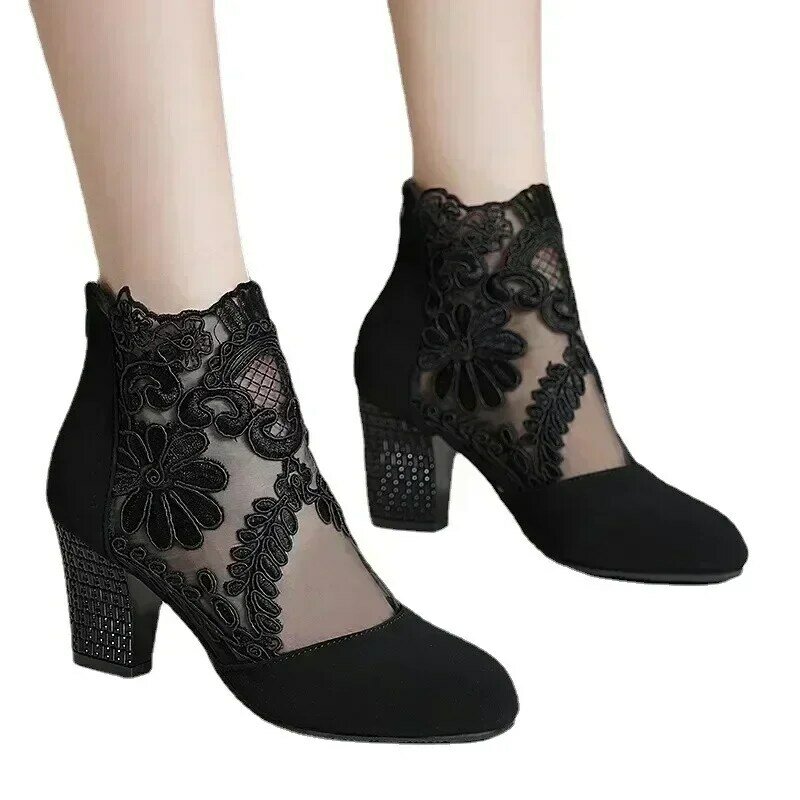 2024 Autumn Fashion Square Root Women's Shoes Back Zipper Ankle Boots Office Boots Female Floral Lace Round Toe Women's Boots