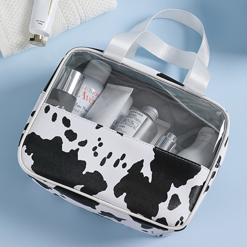 Borsa cosmetica personalizzata con motivo a mucca borsa da toilette di grande capacità borsa da trucco portatile stile quadrato trasparente per le donne