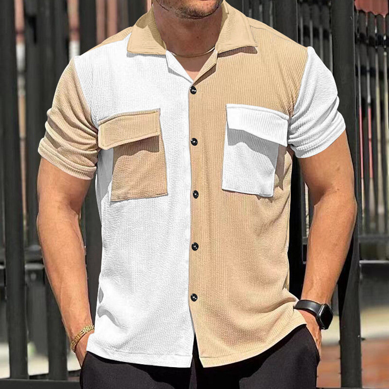 Camisa masculina de manga curta combinando com cores, camisa casual de bolso de trabalho, tops de lapela masculinos de alta qualidade, nova moda verão