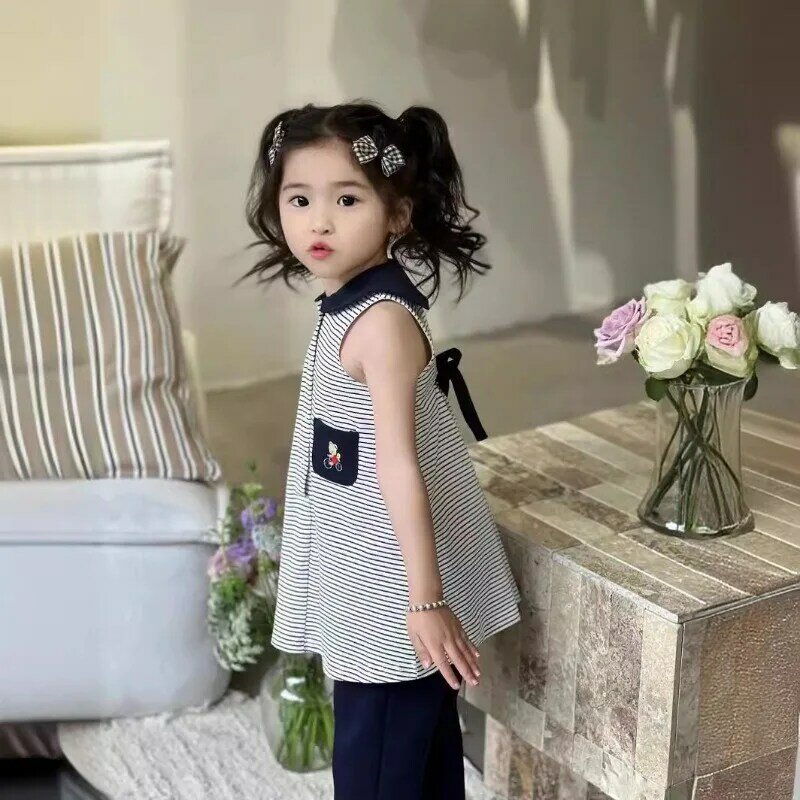 2024 Summer Navy Striped Skirt Casual Dresses Girls Clothes  Baby Girl Dress Cute Tops Vestidos Japanese Children's Skirts