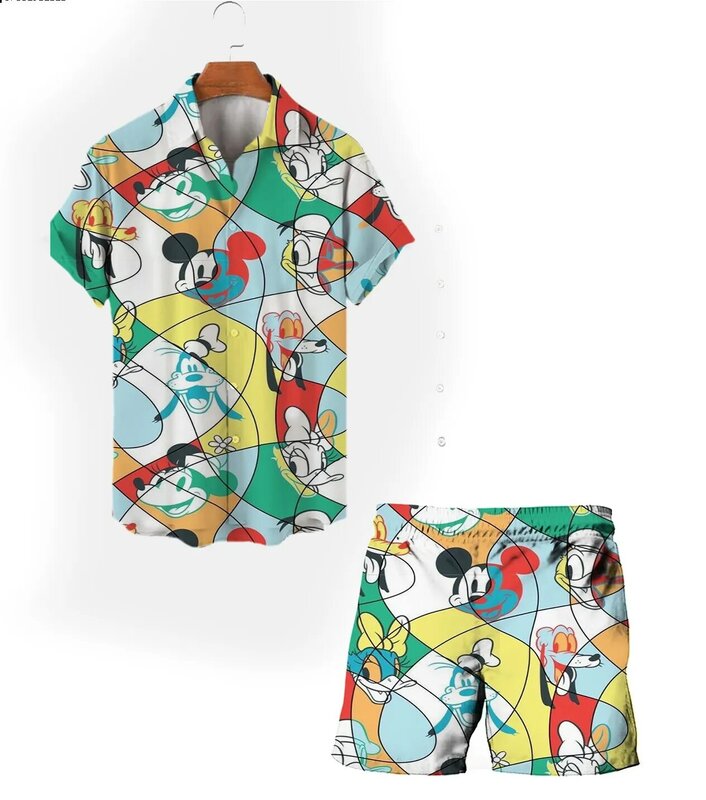 2024 Fashion Hot Selling New Donald Duck Mickey Cartoon Summer Street Casual Suit Men's Lapel Short Sleeve Shirt Beach Shorts