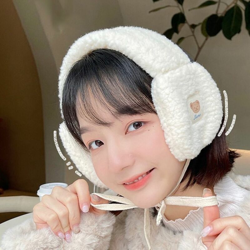 Cute Bear Tie Plush Earmuffs New Foldable Windproof Ear Warmer Cold Protection Outdoor Riding Plush Ear Cover Winter