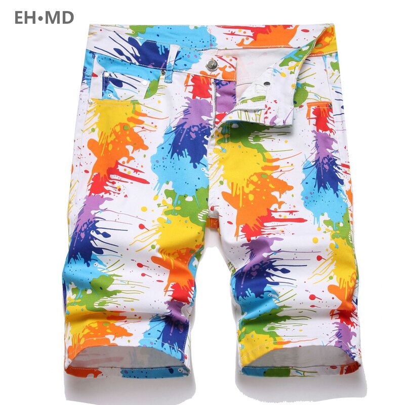 Calção jeans Graffiti de alta elasticidade masculino, calça média respirável, impressão 3D com zíper, moda arco-íris, bolsos coloridos, verão