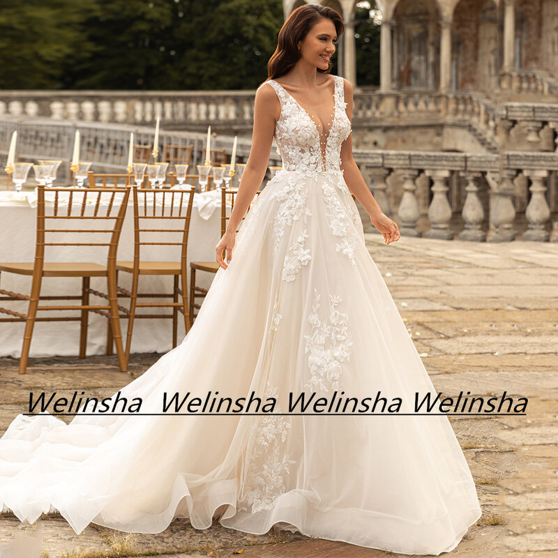 Sexy Deep V Neck Wedding Dress Sleeveless Beads Applique Sweep Train Soft Tulle A Line Open Back Robe Mariee Bridal Gown