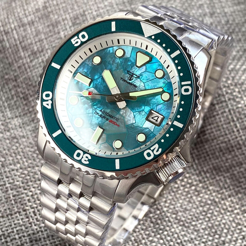 SKX Mod NH35 jam tangan pria mekanis, jam tangan pria anti air 20bar, Bezel biru es, tombol putar 120 klik, Mod NH35