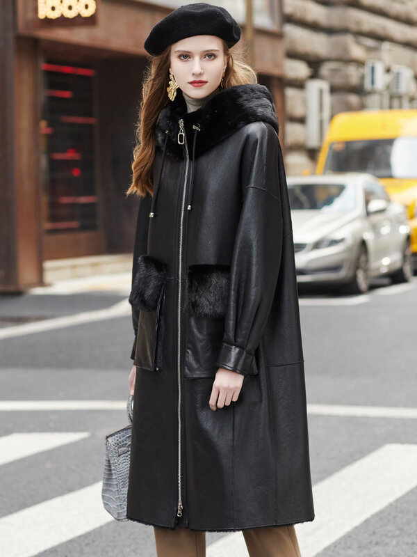 Manteau d'hiver en fourrure de mouton intégrée pour femme, chapeau en fourrure de vison, artisanat de haute qualité, design "Patty", luxe 2023