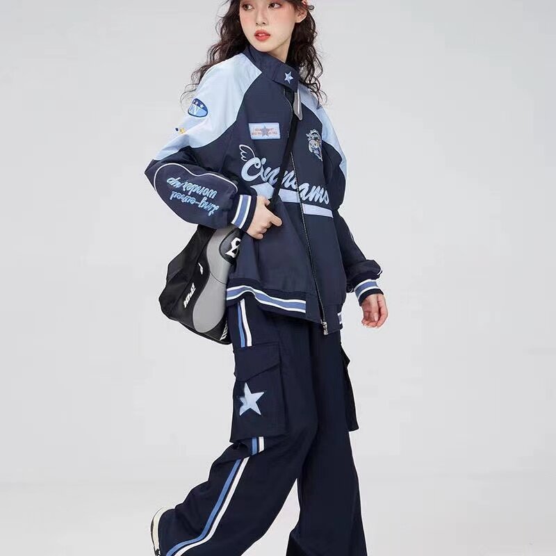 Miniso Sanrio Y2k Cinnamoroll Racer Jacket Kawaii Biker Jacket Pants Punching Cartoon Female Loose Warm Windproof Couple Clothes