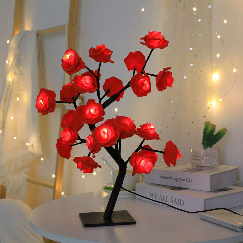USB操作の造花ツリーテーブルランプ,赤いバラのランプ,常夜灯,結婚式,バレンタインデー,クリスマスの装飾