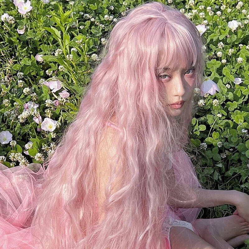 1, bardzo długa, kręcona, różowa peruka z kwiatami, na całą głowę, kobieta Lolita Water Ripple Cos