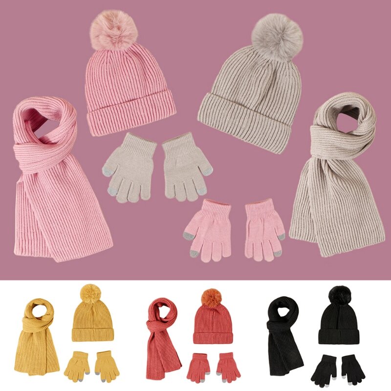 スリーピース帽子スカーフ手袋セット子供帽子冬暖かいポンポンニット帽子秋冬 Gilr と少年キャップファッションセット