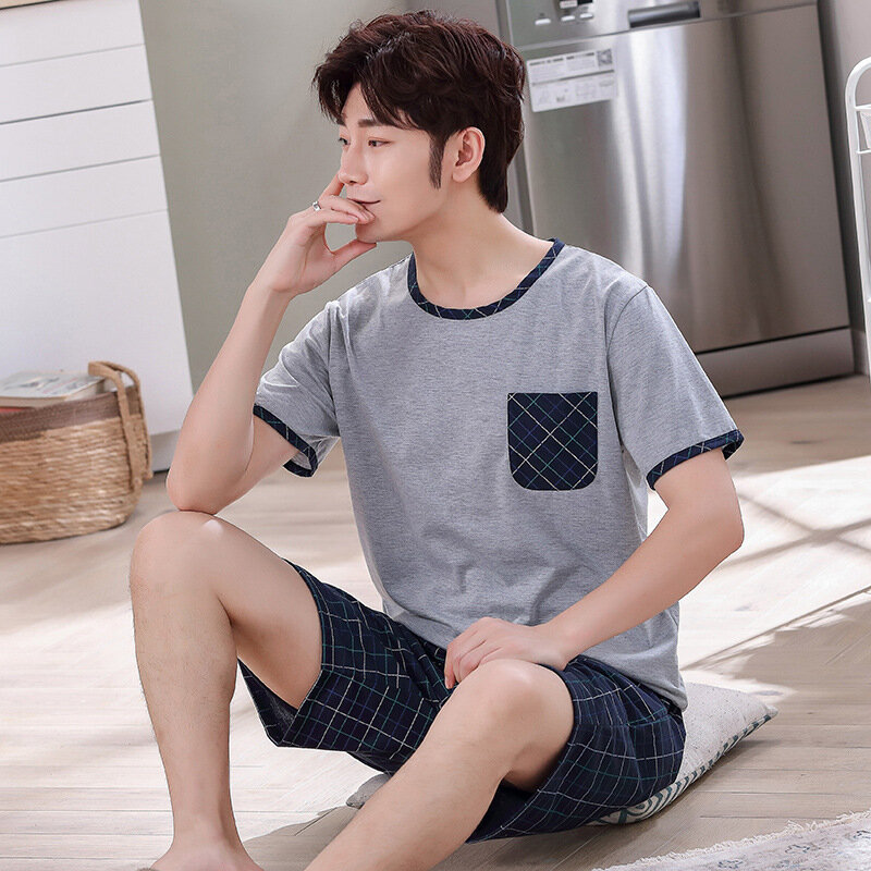 Moda coreana homeswear 2 peças conjunto de pijamas de algodão masculino homem pijamas roupas de casa masculino dormir tops shorts