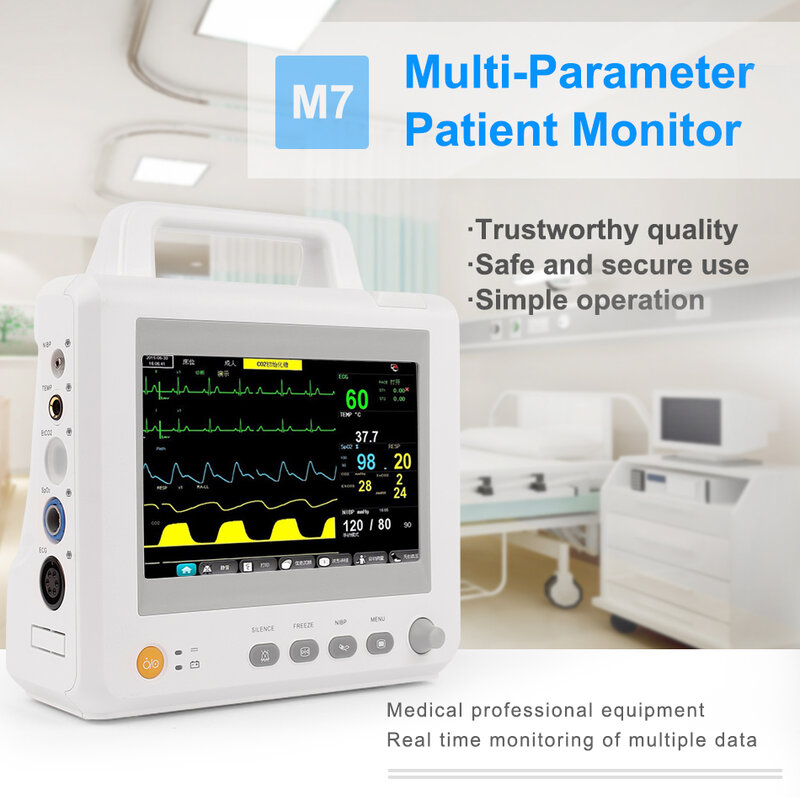 Monitor de paciente icu com 6 parâmetros ecg nibp spo2 temperatura e etco2 opcional para humano ou veterinário