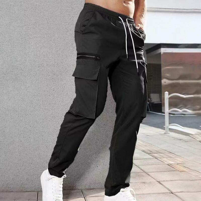 Men Casual Trousers Men's Drawstring Cargo Pants with Elastic Waist Zipper Decor Multi Pockets Soft Breathable Mid for Comfort
