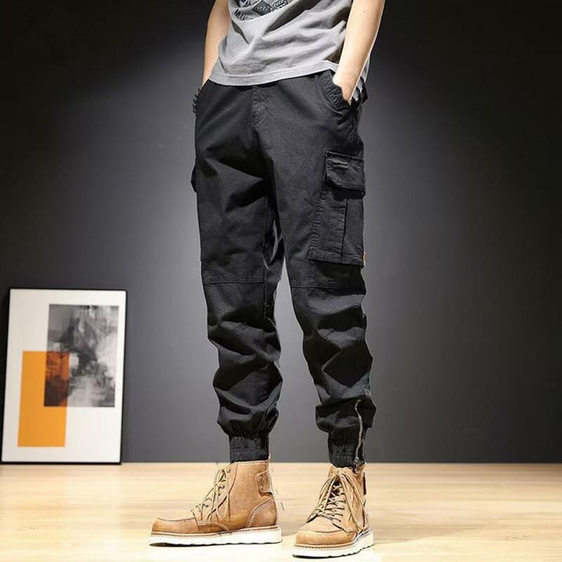 Men Cargo Pants Multiple Pockets Drawstring Elastic Waist Solid Loose Streetwear Spring Autumn Ankle Tied Pants for Jogging