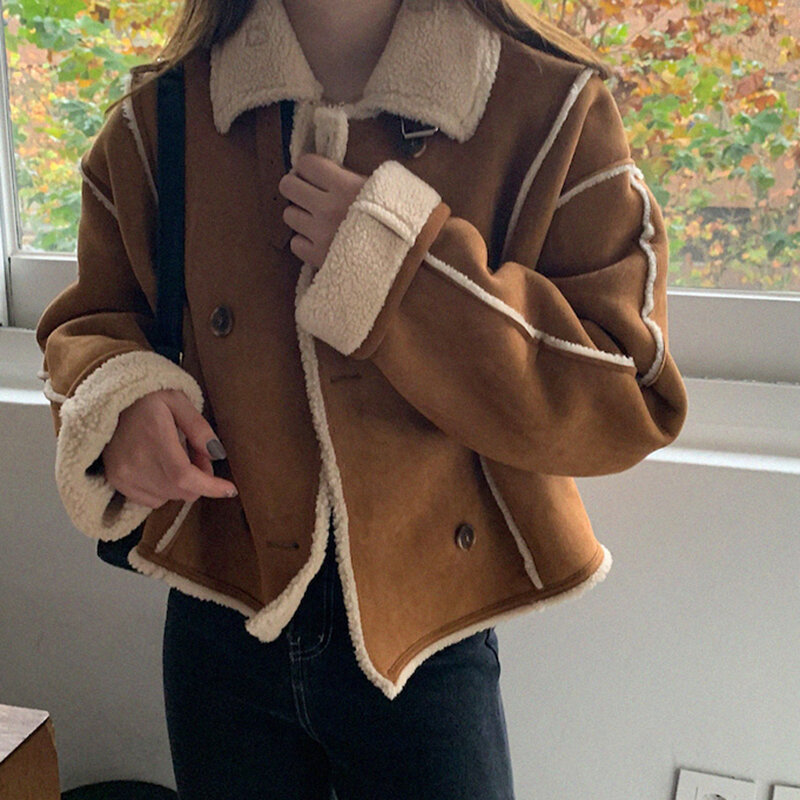 Camurça casaco grosso para as mulheres 2022 outono quente macio solto casaco de pele feminino botão de pelúcia senhoras casual inverno casaco