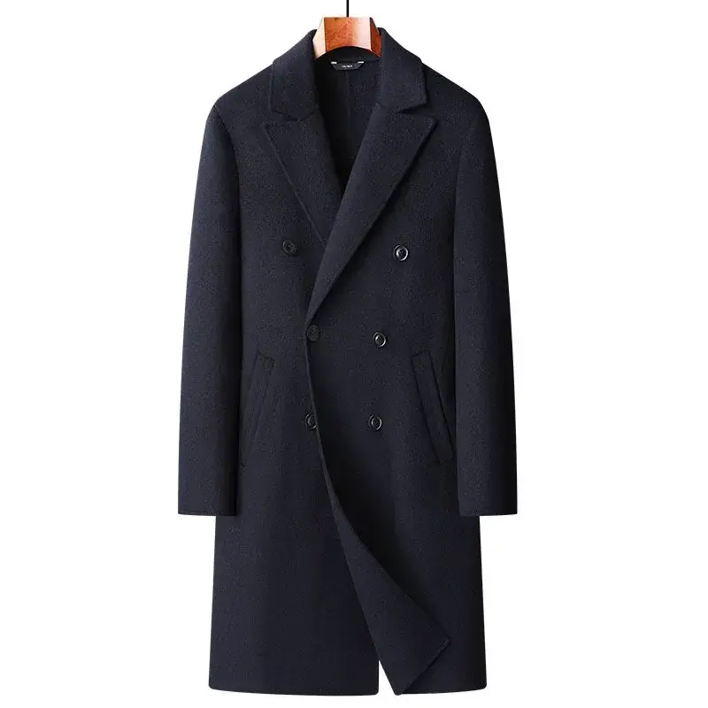Mantel wol dua sisi untuk pria, mantel buatan tangan panjang selutut dua sisi musim gugur musim dingin, mantel wol pas ramping ukuran M-3XL